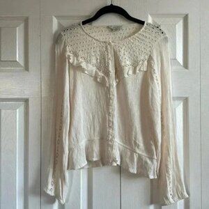 American Eagle White Eyelet Lace Ruffle Clip Dot Peasant Button Up Top Medium